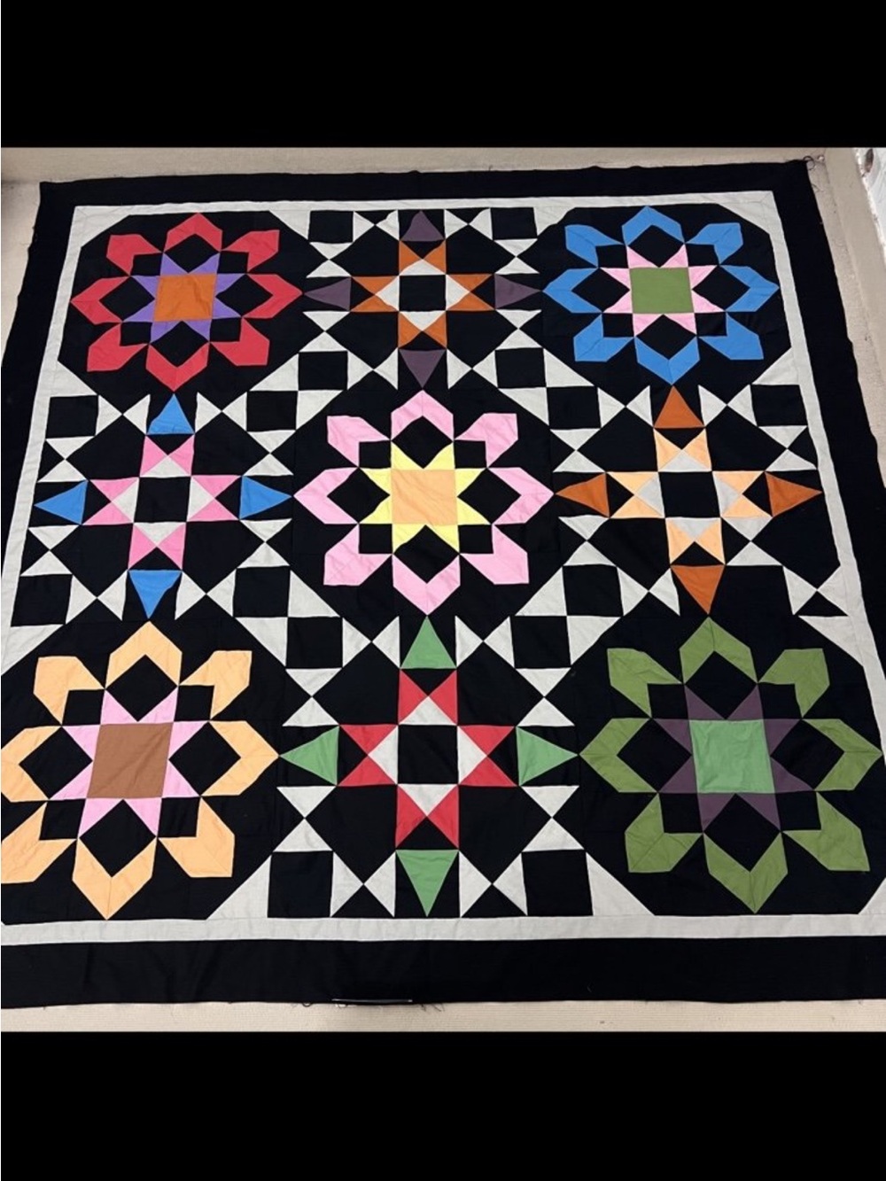 Black Cosmic Jewels Cotton Fabric queen size Patchwork quilt top/topper